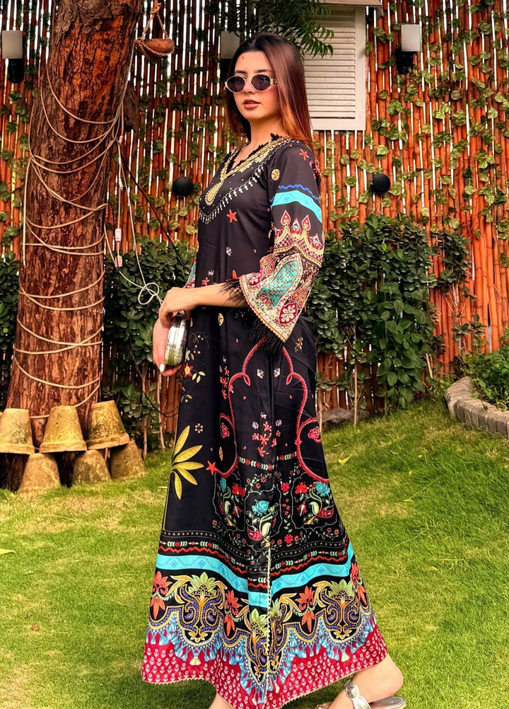 Mataish Women RTW Printed Chiffon 1 Piece Suit Black Midnight Kaftan - Festive Collection