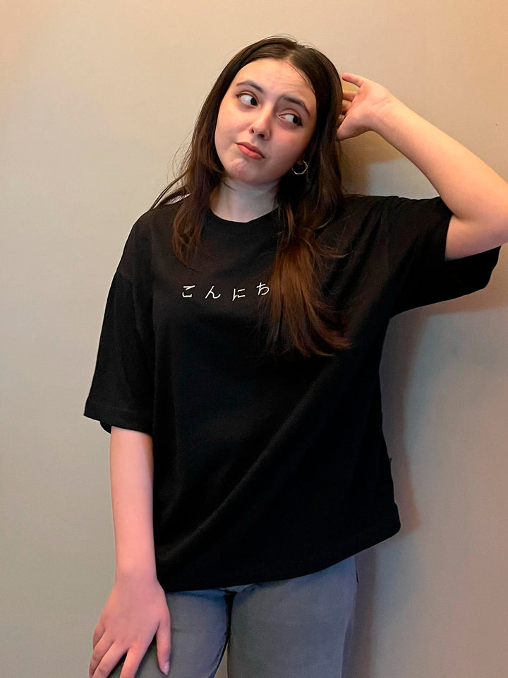 Brumano Cotton Printed Women -Black Oversized T-Shirt With Minimalist 'Hello' Embroidery - Women