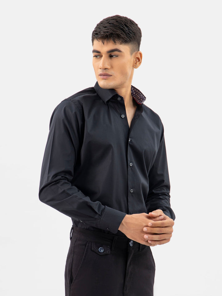 Brumano Ready To Wear Shirts Men 1 Piece Cotton Black Satin Shirt With Inner Collar Detailing 0-31-024-3334 - Summer Collection