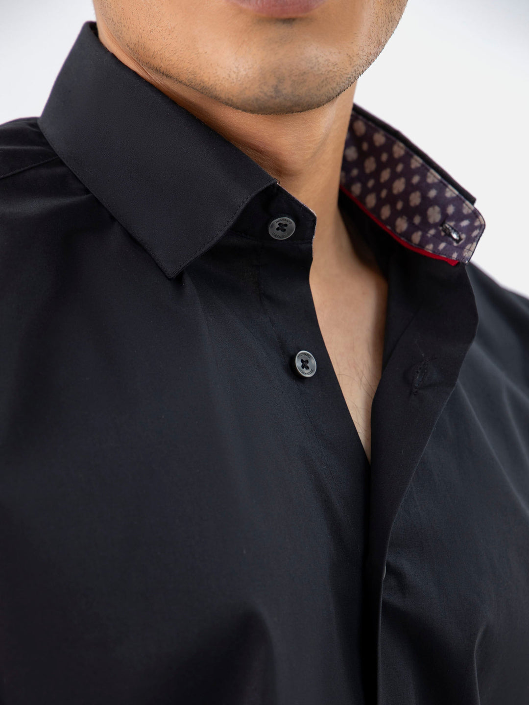 Brumano Ready To Wear Shirts Men 1 Piece Cotton Black Satin Shirt With Inner Collar Detailing 0-31-024-3334 - Summer Collection
