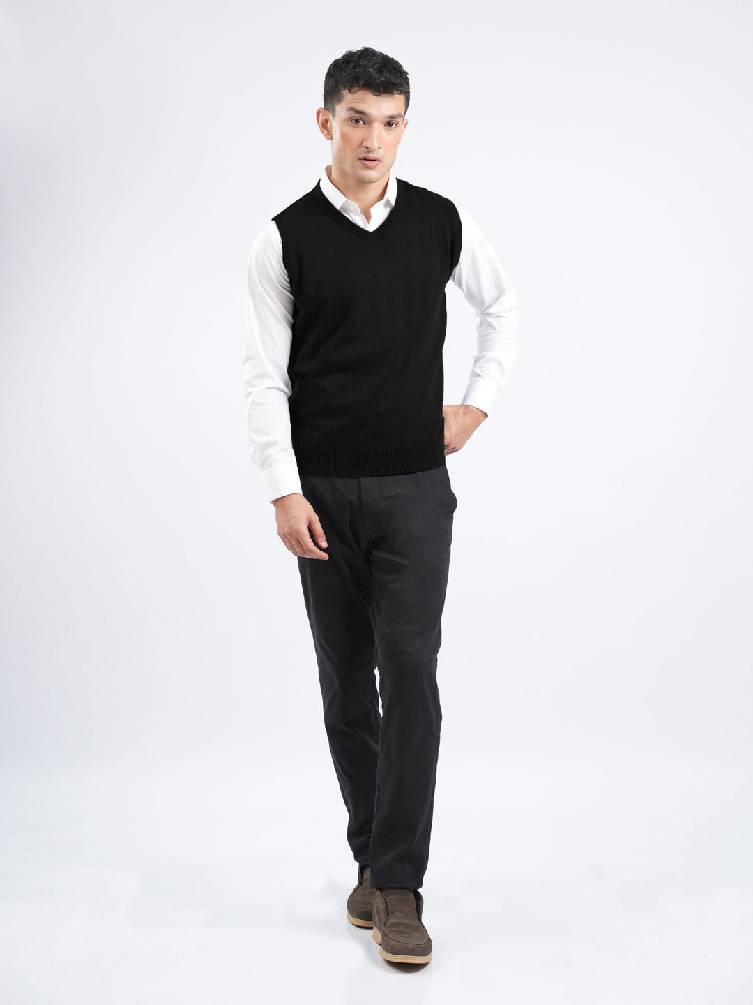 Brumano Mens RTW Solids Cotton 1 Piece Black Sleeveless V-Neck Sweater Winter Collection