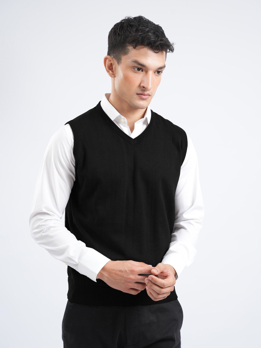 Brumano Mens RTW Solids Cotton 1 Piece Black Sleeveless V-Neck Sweater Winter Collection