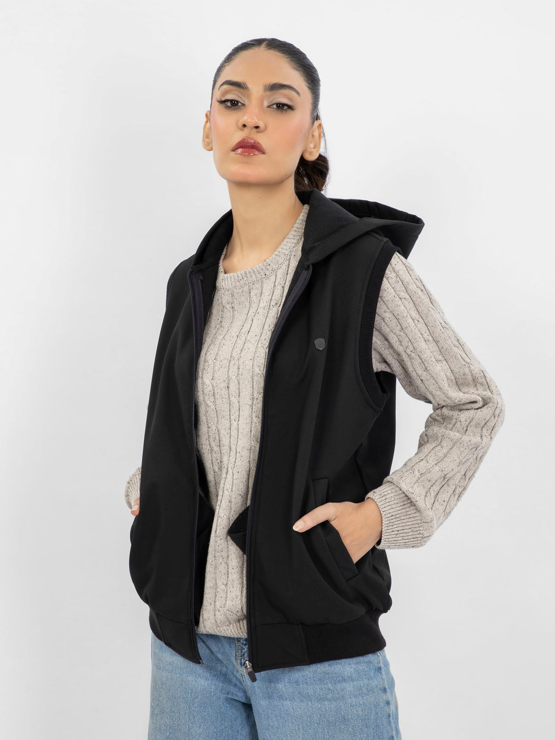 Brumano Women RTW Solids Poly 1 Piece Black Jacket Hoodie Western Collection
