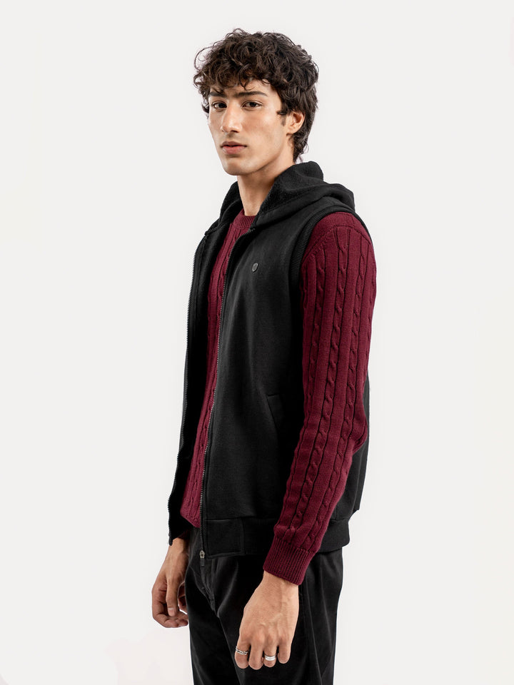 Brumano Ready To Wear Solids Cotton 1 Piece Men Black Sleeveless Zipper Jacket With Hoodie 0-12-025-4874 - Winter Collection