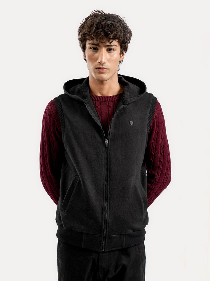 Brumano Ready To Wear Solids Cotton 1 Piece Men Black Sleeveless Zipper Jacket With Hoodie 0-12-025-4874 - Winter Collection