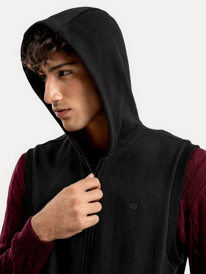 Brumano Ready To Wear Solids Cotton 1 Piece Men Black Sleeveless Zipper Jacket With Hoodie 0-12-025-4874 - Winter Collection