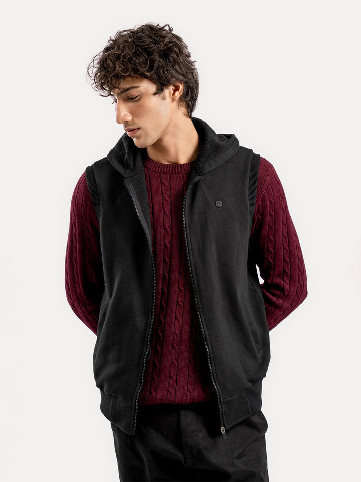 Brumano Ready To Wear Solids Cotton 1 Piece Men Black Sleeveless Zipper Jacket With Hoodie 0-12-025-4874 - Winter Collection