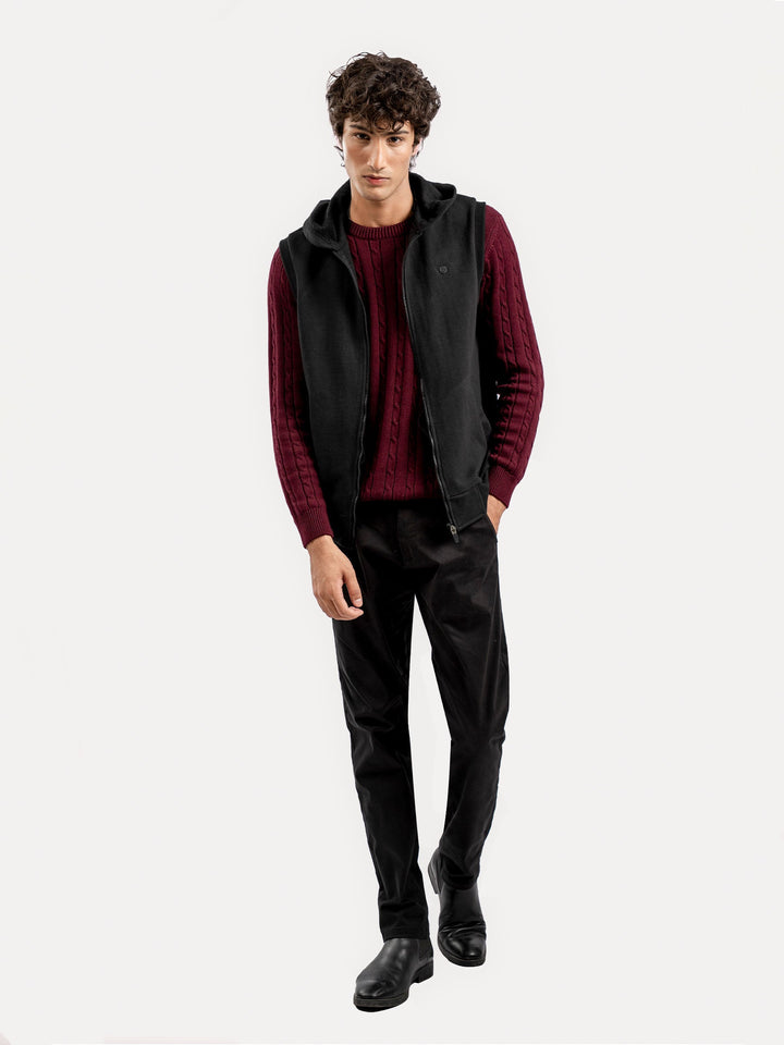 Brumano Ready To Wear Solids Cotton 1 Piece Men Black Sleeveless Zipper Jacket With Hoodie 0-12-025-4874 - Winter Collection