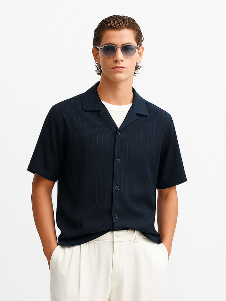 Brumano Ready To Wear Shirts Men 1 Piece Cotton Black Striped Light Weight Cuban Collar Shirt 0-33-025-4491 - Summer Collection