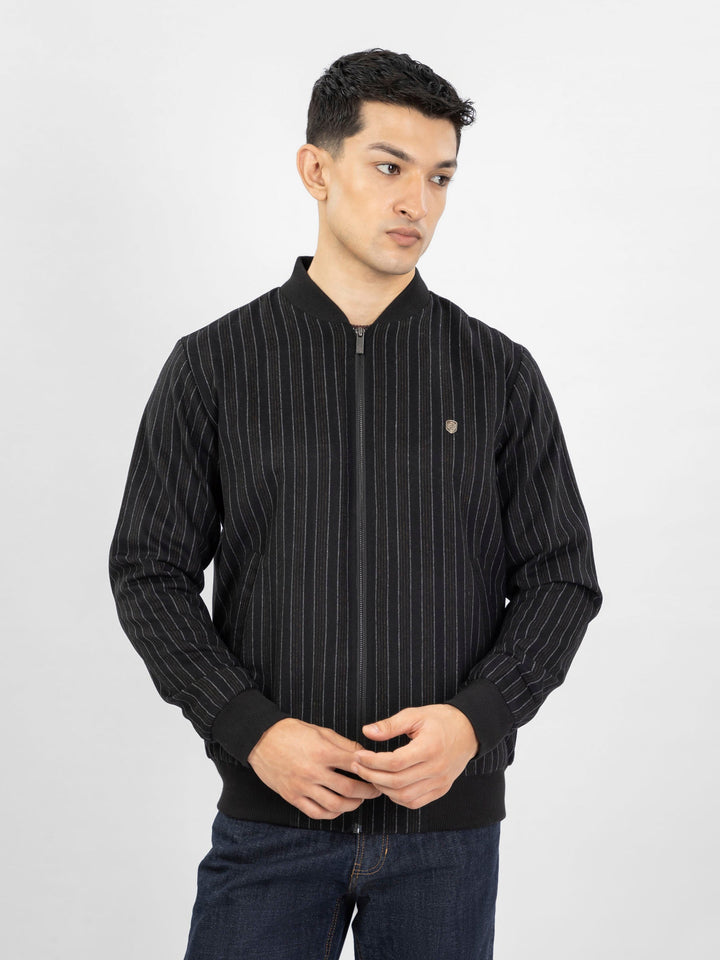 Brumano Pret Solids Polyester 1 Piece Black Striped Wool Bomber Jacket