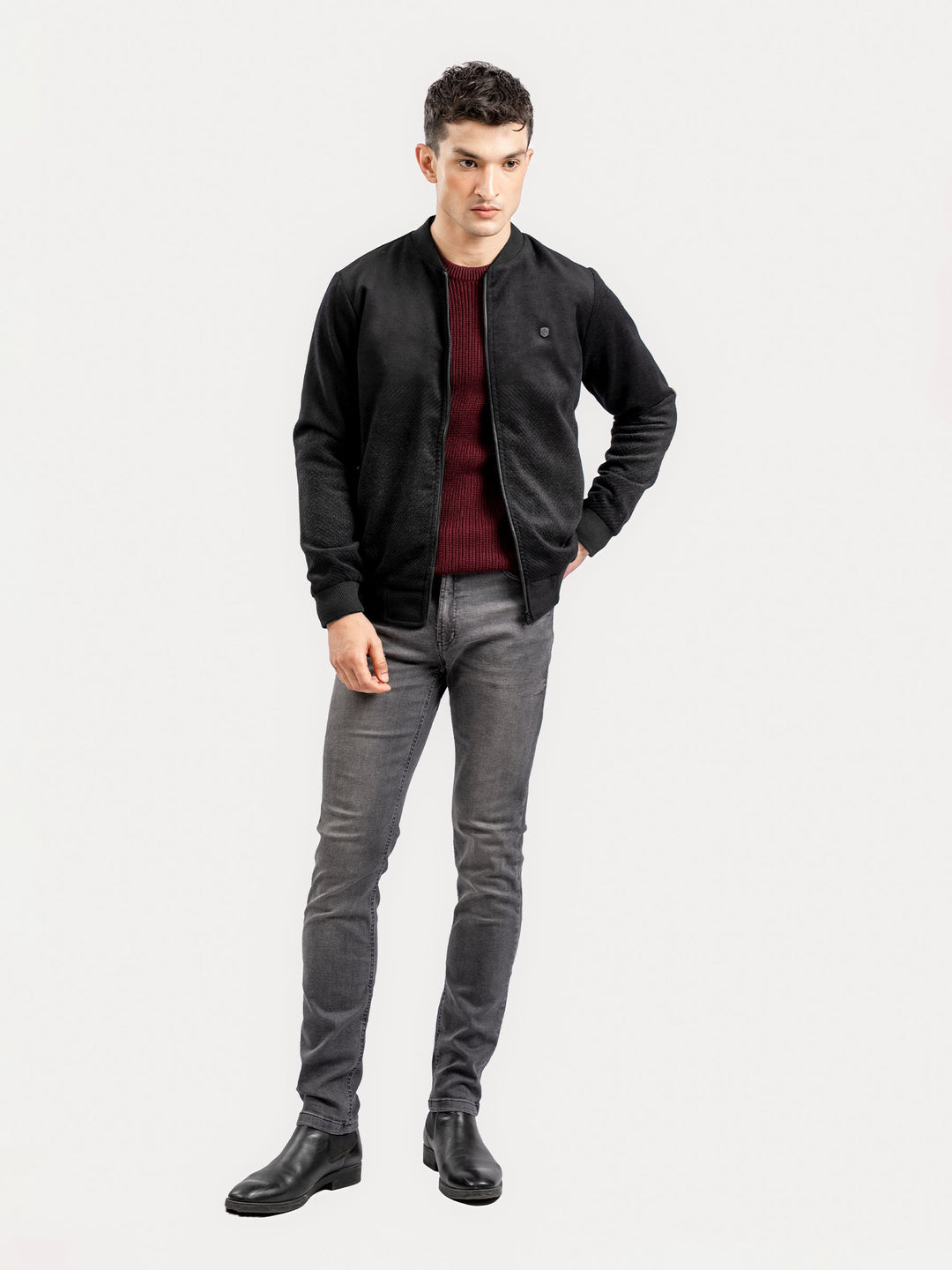 Brumano Mens RTW Solids Wool 1 Piece Black Two Tone Bomber Jacket Winter Collection