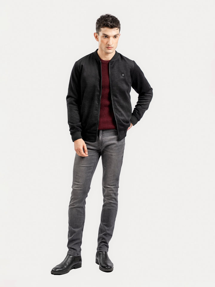 Brumano Mens RTW Solids Wool 1 Piece Black Two Tone Bomber Jacket Winter Collection