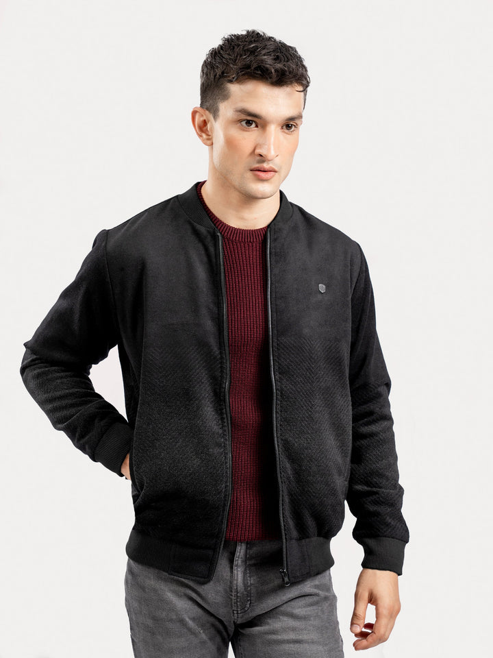 Brumano Mens RTW Solids Wool 1 Piece Black Two Tone Bomber Jacket Winter Collection