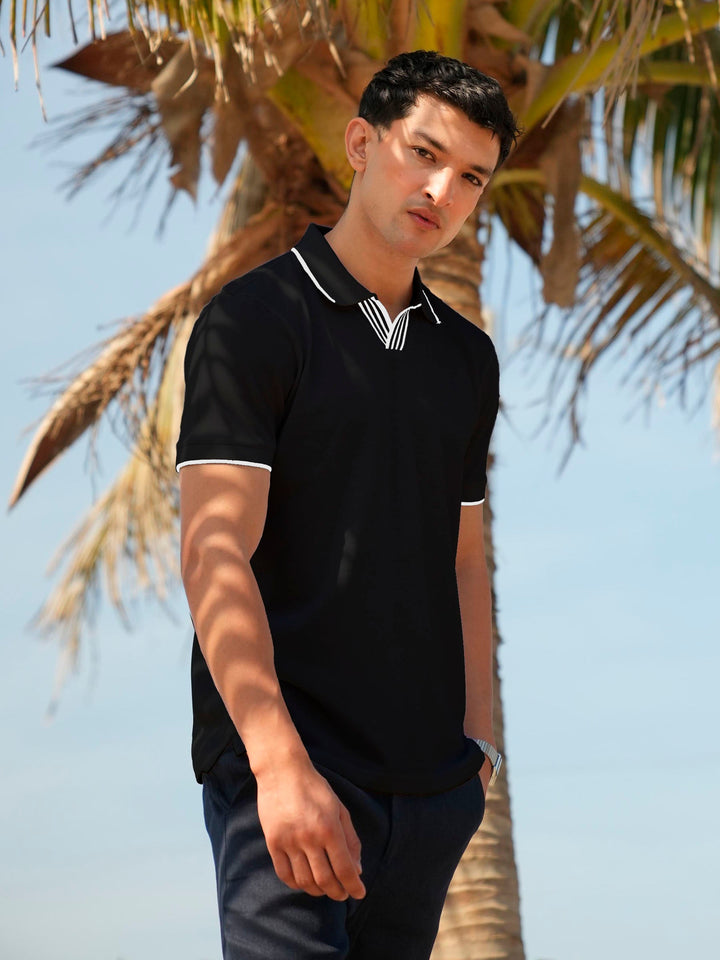 Brumano  Solids Cotton Polo Black V-Placket Polo With Tipped Collar