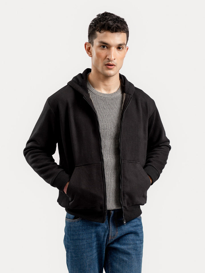 Brumano Mens RTW Solids Cotton 1 Piece Black Zipper Jacket Hoodie Winter Collection