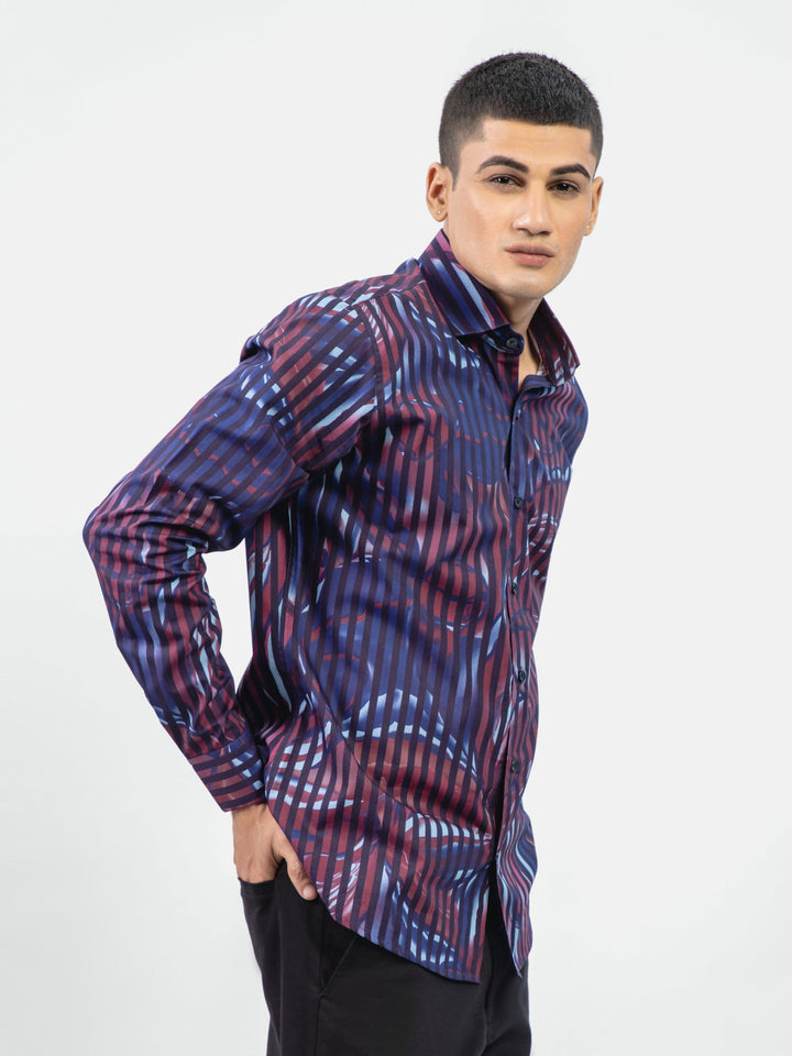 Brumano Ready To Wear Shirts Men 1 Piece Cotton Black & Burgundy Floral Printed Striped Shirt 0-31-024-4089 - Summer Collection