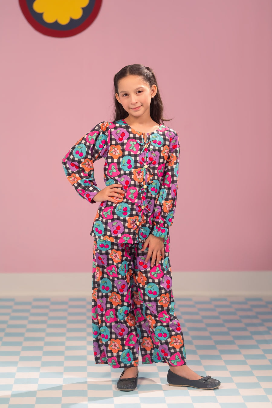Sprinkles Girls RTW Printed Poly Co-ord Set Bloom Grid - Casual Collection
