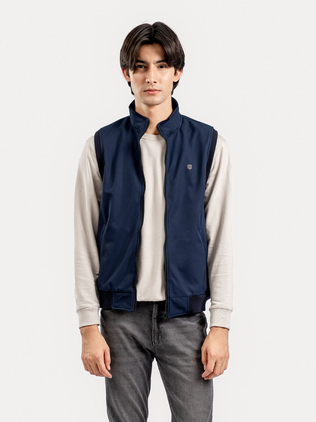 Brumano Mens RTW Solids Poly Jacket Blue Sleeveless Zipper Jacket Winter Collection