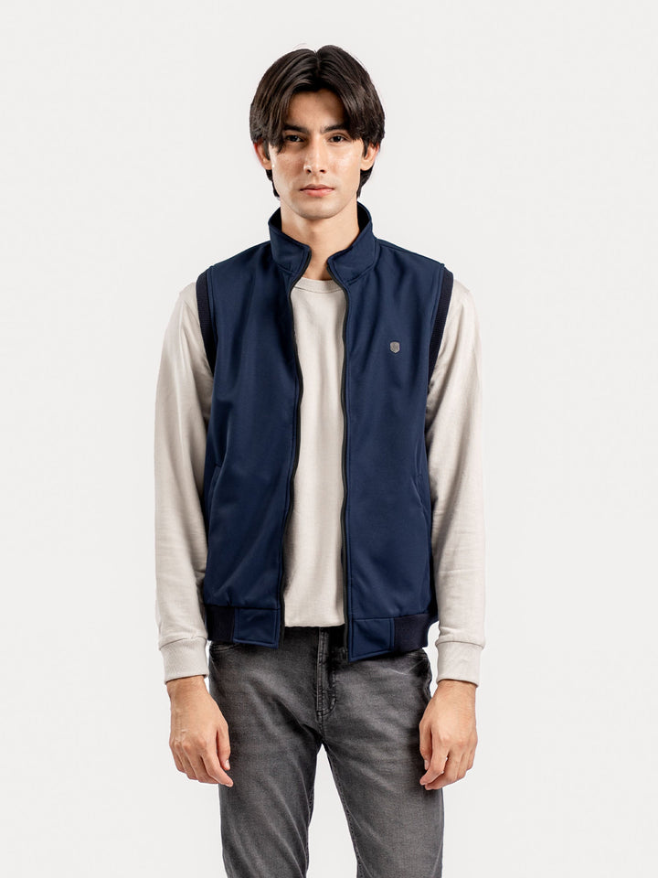 Brumano Mens RTW Solids Poly Jacket Blue Sleeveless Zipper Jacket Winter Collection