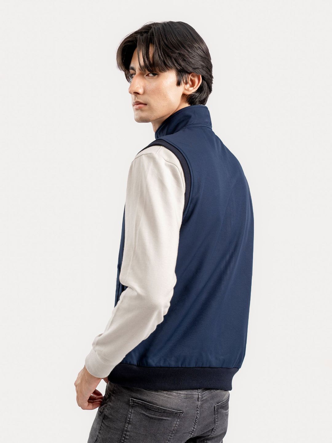 Brumano Mens RTW Solids Poly Jacket Blue Sleeveless Zipper Jacket Winter Collection