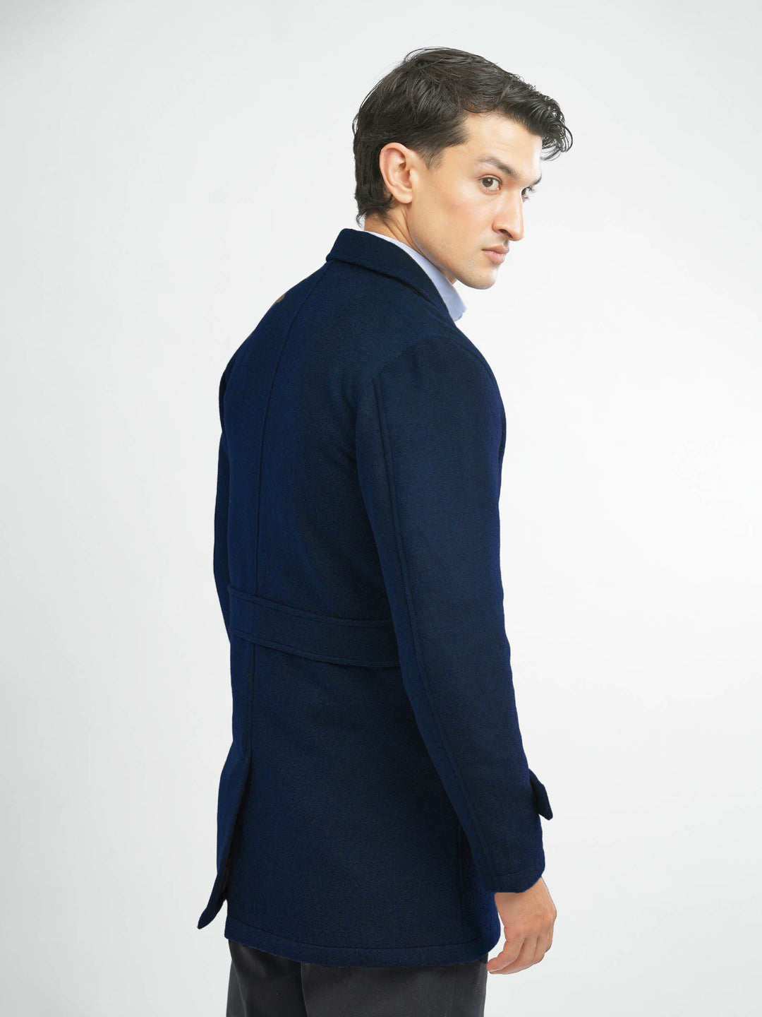 Brumano Mens RTW Solids Wool 1 Piece Blue Blended Over Coat Winter Collection