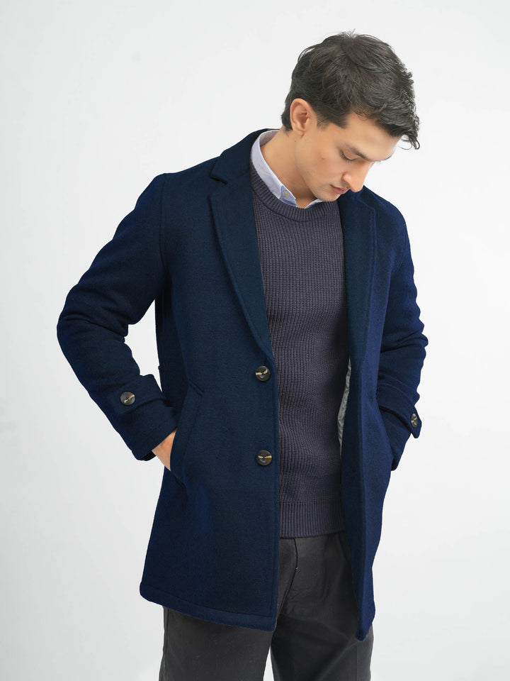 Brumano Mens RTW Solids Wool 1 Piece Blue Blended Over Coat Winter Collection