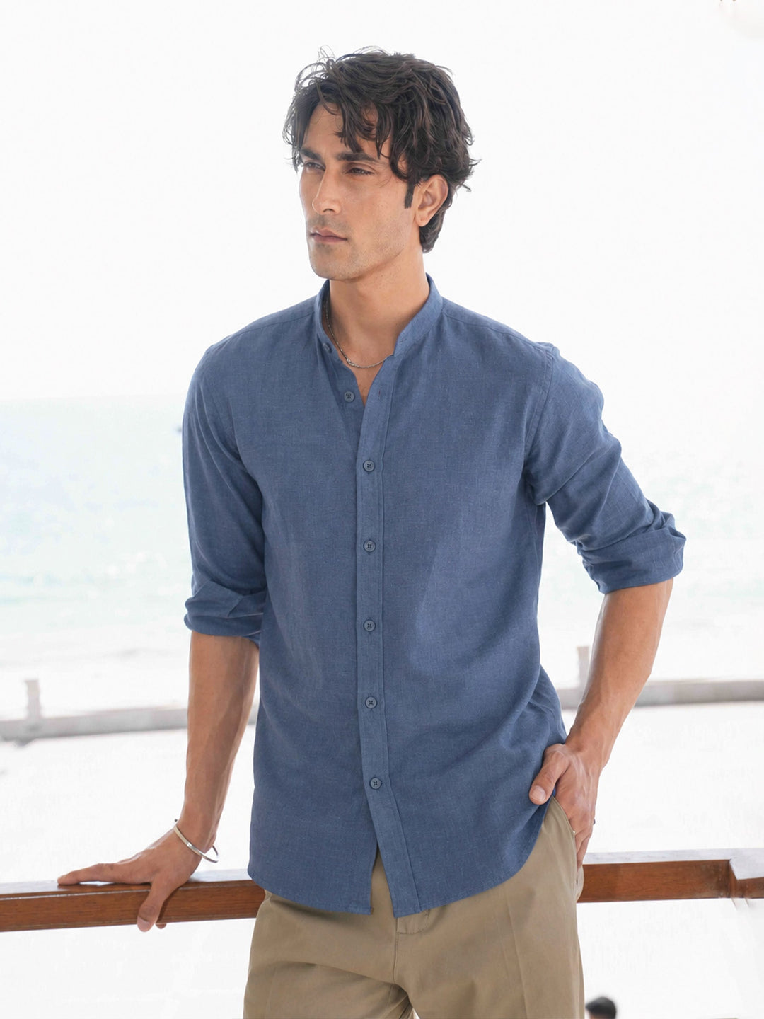 Brumano Mens RTW Solids Cotton Shirt Blue Blended Collar Casual Collection