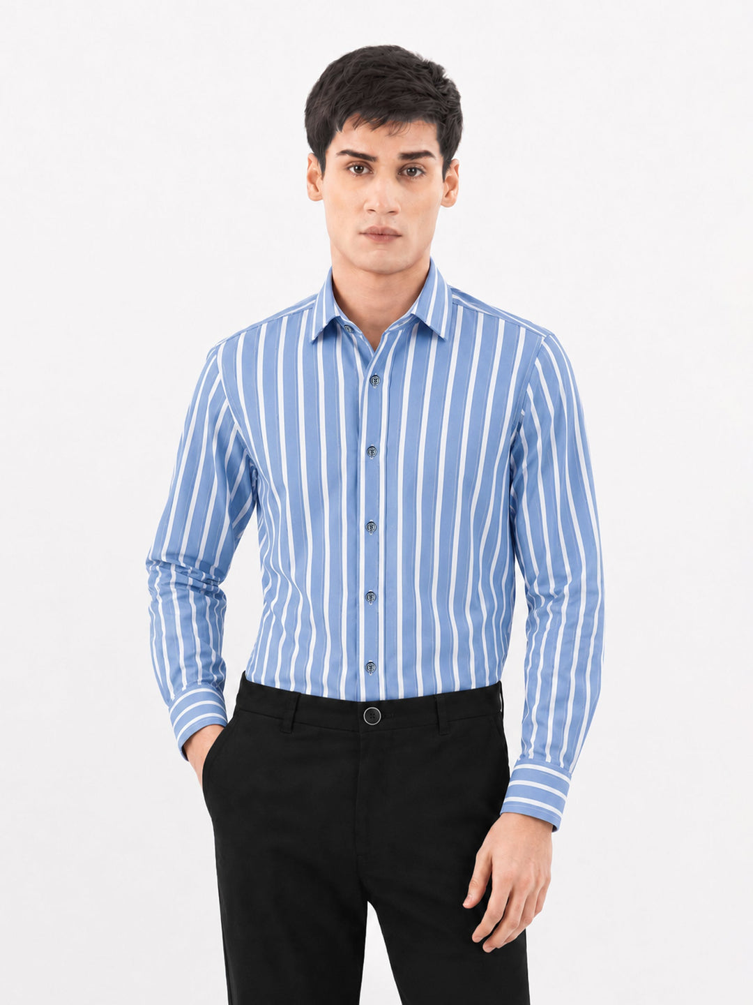 Brumano Mens RTW Solids Linen Shirt Blue N White Striped Western Collection