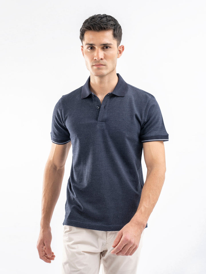 Brumano  Solids Cotton Polo Blue Dobby Structured Slimfit Polo