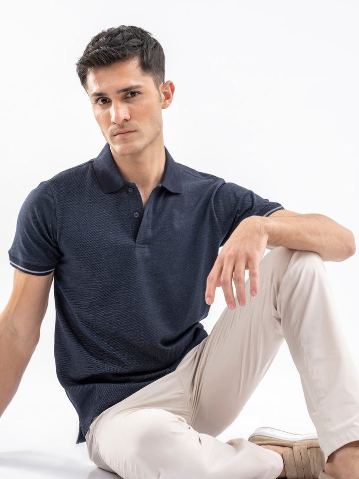 Brumano  Solids Cotton Polo Blue Dobby Structured Slimfit Polo