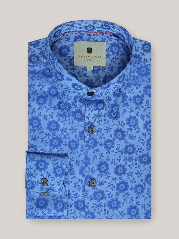 Brumano Ready To Wear Shirts Men 1 Piece Cotton Blue Floral Printed Jacquard Shirt 0-32-023-2086 - Summer Collection