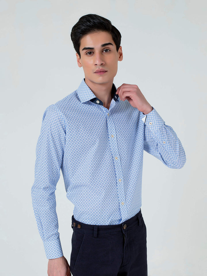 Brumano Ready To Wear Shirts Men 1 Piece Cotton Blue Geometric Printed Formal Shirt 0-31-023-2041 - Summer Collection
