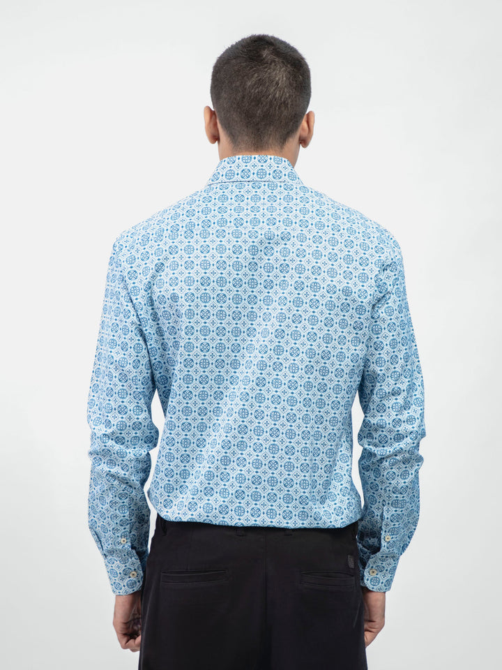 Brumano Ready To Wear Shirts Men 1 Piece Cotton Blue Geometric Printed Shirt With Shallow Collar Exclusive 0-32-024-1546 - Summer Collection