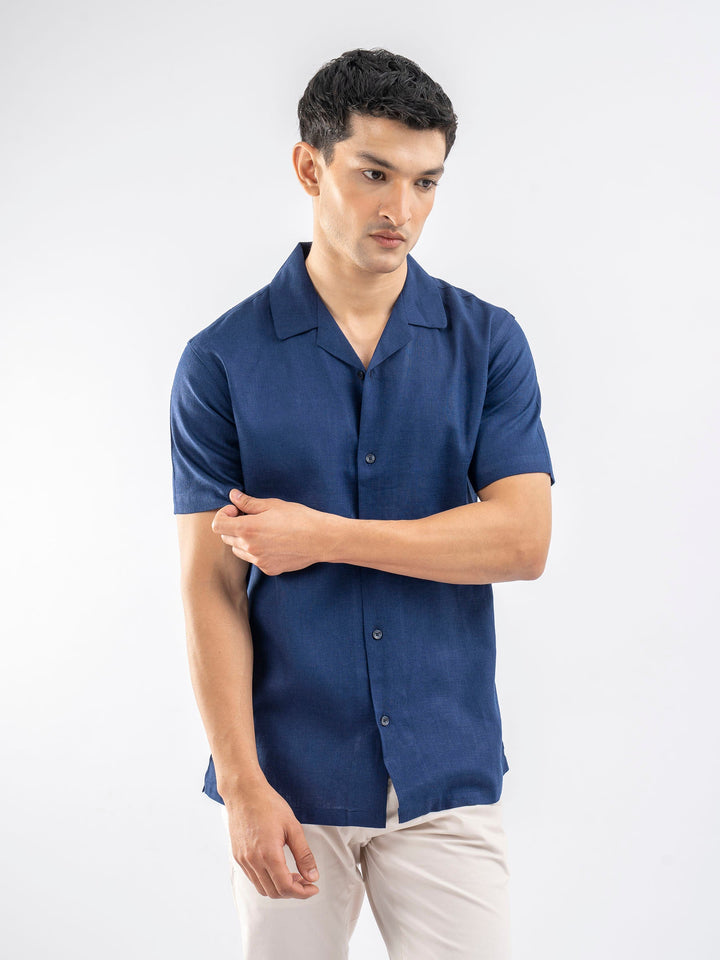 Brumano Ready To Wear Shirts Men 1 Piece Cotton Blue Linen Blended Half Sleeve Cuban Collar Shirt 0-33-025-4236 - Summer Collection