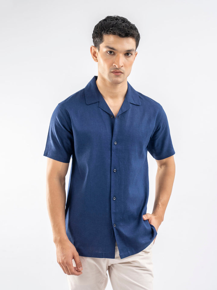 Brumano Ready To Wear Shirts Men 1 Piece Cotton Blue Linen Blended Half Sleeve Cuban Collar Shirt 0-33-025-4236 - Summer Collection