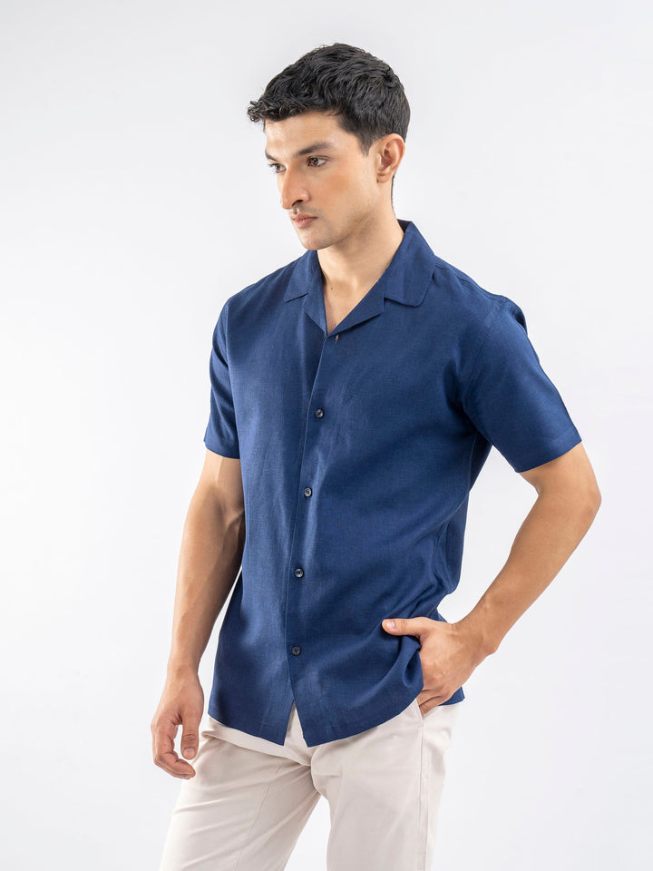 Brumano Ready To Wear Shirts Men 1 Piece Cotton Blue Linen Blended Half Sleeve Cuban Collar Shirt 0-33-025-4236 - Summer Collection