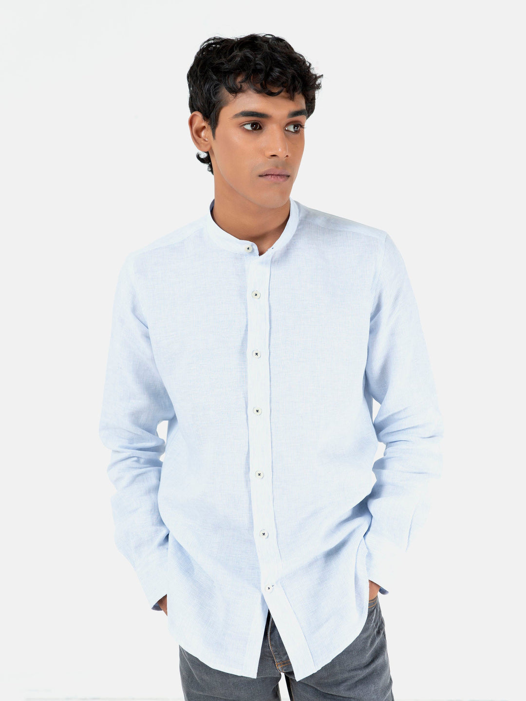 Brumano Ready To Wear Shirts Men 1 Piece Cotton Blue Pinstriped Mao Collar Linen Shirt 0-31-023-2190 - Summer Collection