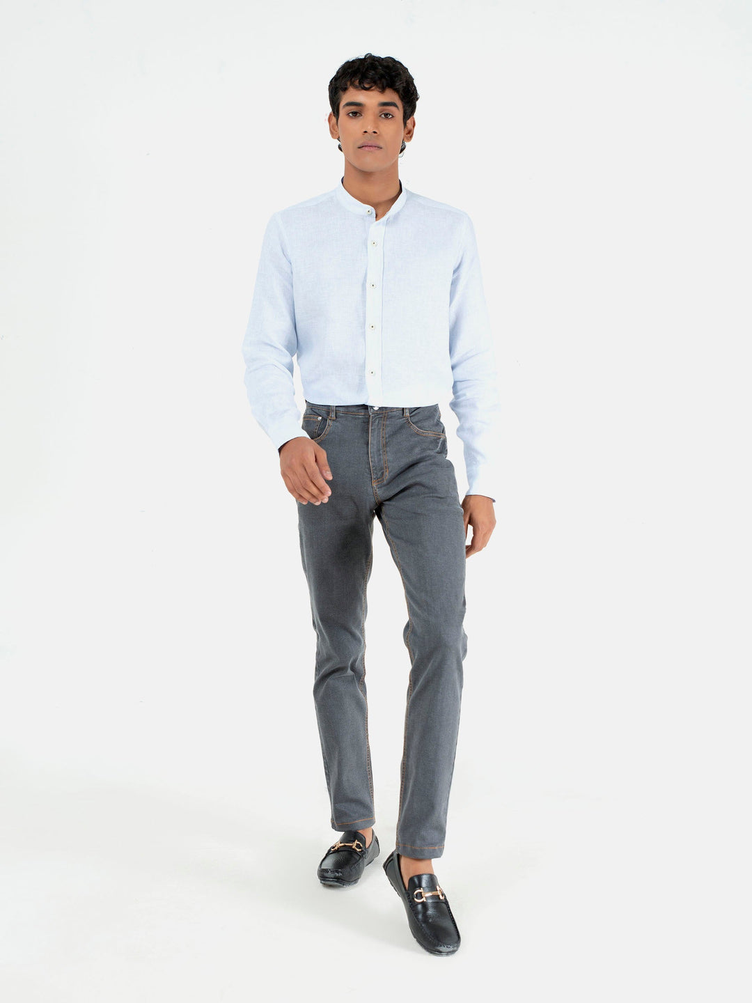 Brumano Ready To Wear Shirts Men 1 Piece Cotton Blue Pinstriped Mao Collar Linen Shirt 0-31-023-2190 - Summer Collection