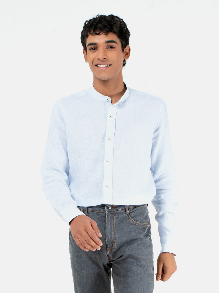 Brumano Ready To Wear Shirts Men 1 Piece Cotton Blue Pinstriped Mao Collar Linen Shirt 0-31-023-2190 - Summer Collection