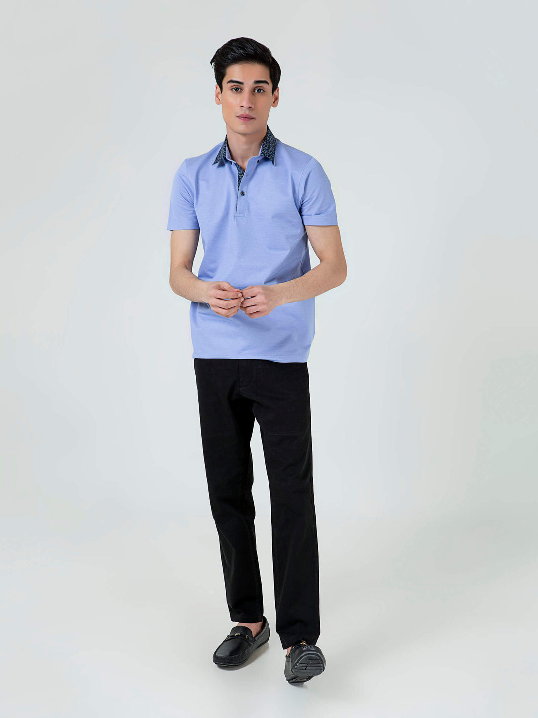 Brumano  Printed Cotton Polo Blue Pique Polo With Floral Printed Collar