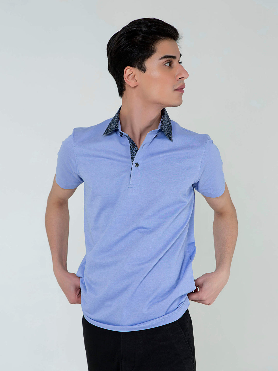 Brumano  Printed Cotton Polo Blue Pique Polo With Floral Printed Collar