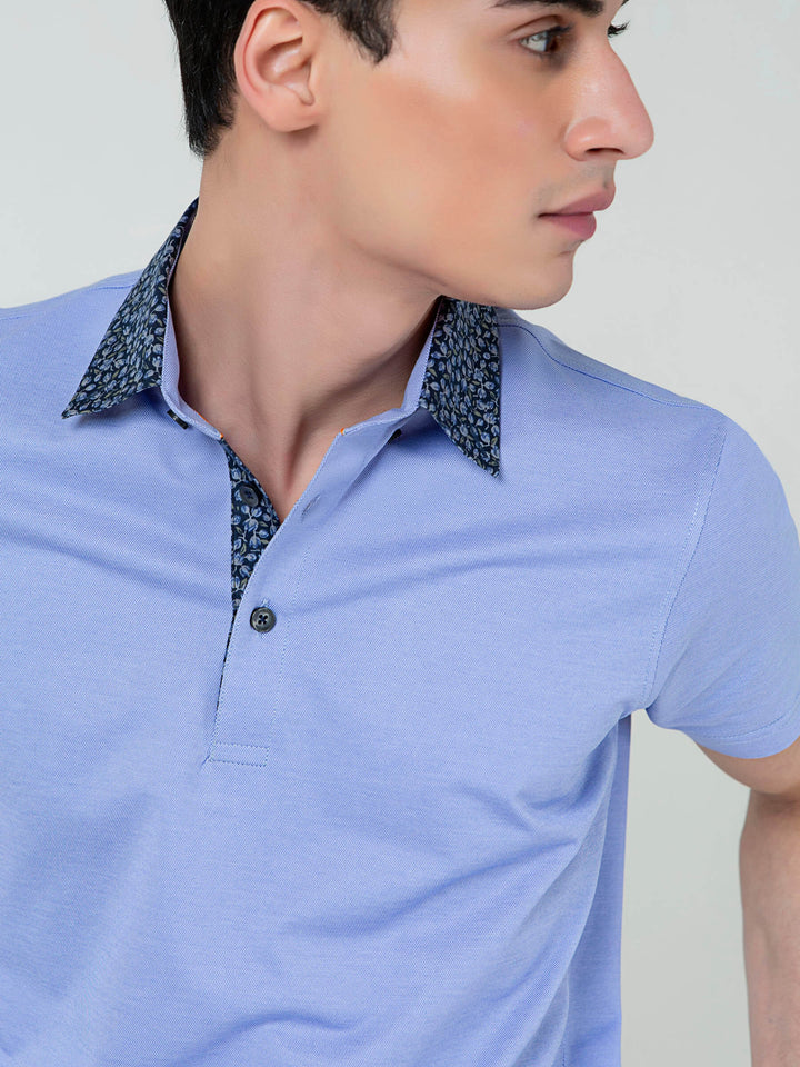 Brumano  Printed Cotton Polo Blue Pique Polo With Floral Printed Collar