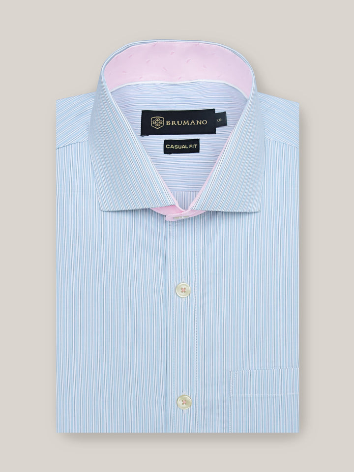 Brumano Ready To Wear Shirts Men 1 Piece Cotton Blue Striped Formal Shirt With Pink Detailing 0-31-023-1659 - Summer Collection