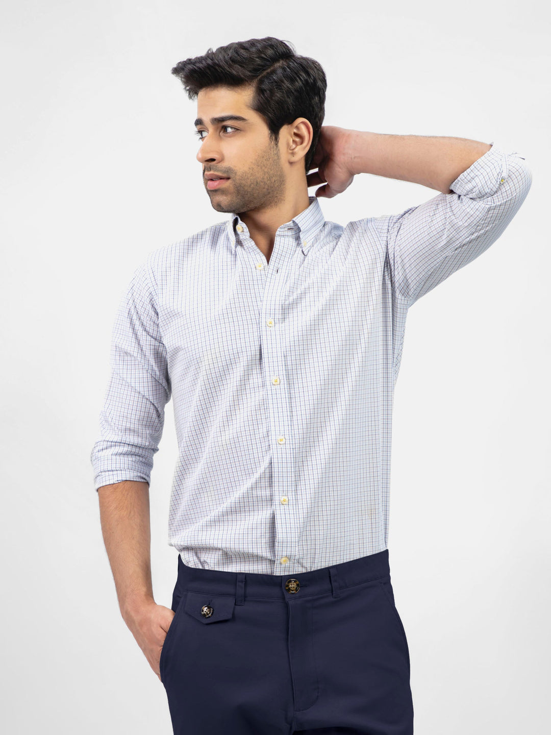 Brumano Ready To Wear Shirts Men 1 Piece Cotton Blue & Beige Checkered Formal Shirt 0-31-024-2357 - Summer Collection