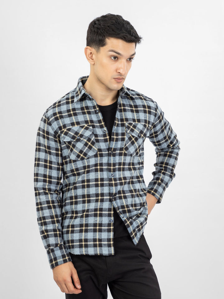 Brumano Ready To Wear Shirts Men 1 Piece Cotton Blue & Black Heavy Flannel Checkered Shirt 0-31-025-3923 - Summer Collection