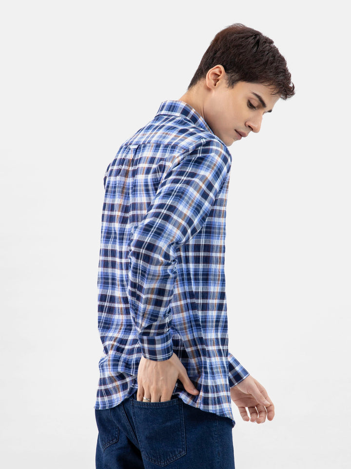 Brumano Ready To Wear Shirts Men 1 Piece Cotton Blue & Black Seersucked Checkered Shirt 0-31-024-3399 - Summer Collection