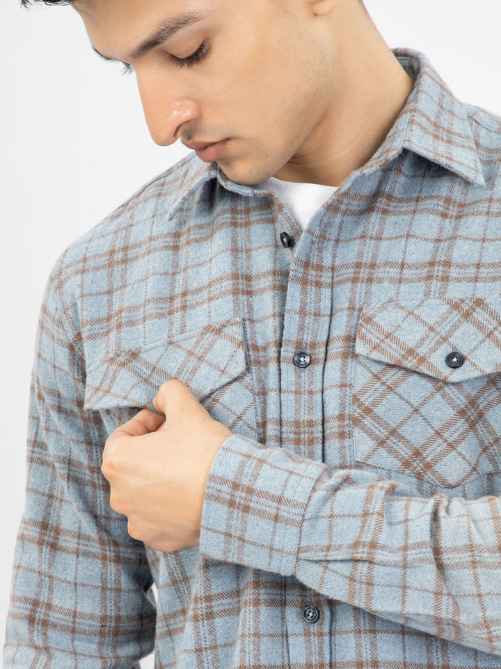 Brumano Ready To Wear Shirts Men 1 Piece Cotton Blue & Brown Flannel Checkered Shirt 0-31-025-3924 - Summer Collection