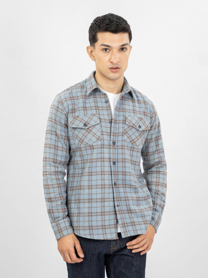 Brumano Ready To Wear Shirts Men 1 Piece Cotton Blue & Brown Flannel Checkered Shirt 0-31-025-3924 - Summer Collection