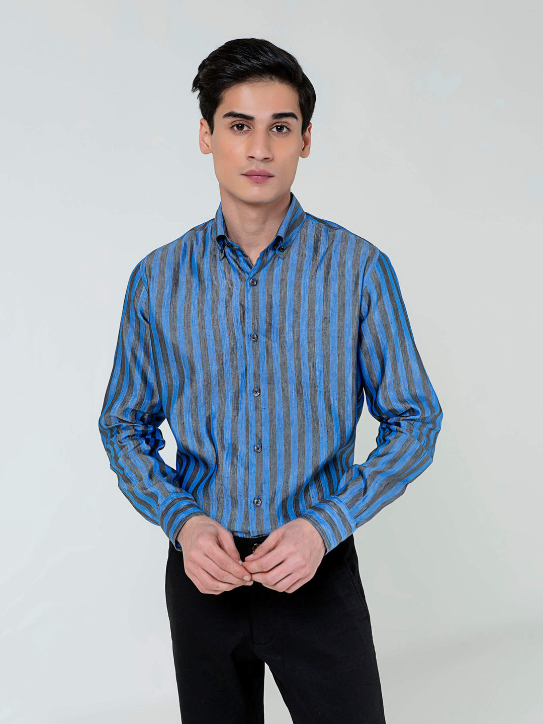 Brumano Mens RTW Solids Cotton Shirt Blue N Grey Bold Casual Collection