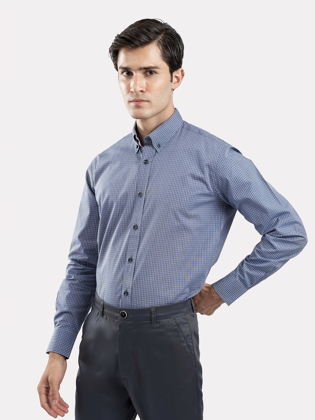 Brumano Ready To Wear Shirts Men 1 Piece Cotton Blue & Grey Gingham Button Down Shirt 0-31-025-4698 - Summer Collection